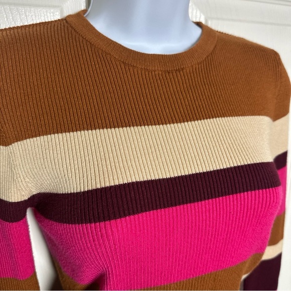 Zara Knit Top Women’s Medium Pink Brown Striped Preppy Sweater Y2K Colorblock - Picture 6 of 9
